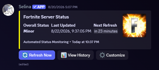 Fortnite server status embed from Selina